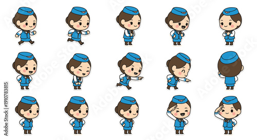 Flight attendant character set with various poses and expressions  