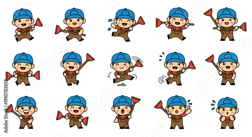 Cartoon boy showing various emotions and actions with a flag  