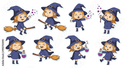 Young witch performing magic with potion and broomstick in costume  