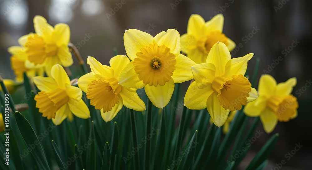 Obraz premium A vibrant cluster of bright daffodil blooms shining intensely yellow under soft spring sunlight, symbolizing renewal and warmth ,nature ,seasonal ,warm