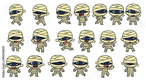 Cartoon mummy character in various expressions and poses  