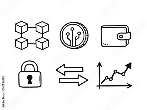 Doodle Style Icons for Cryptocurrency, Digital Finance, and Blockchain Technology