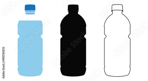 Set of three isolated plastic beverage containers showing liquid-filled color silhouette and outline versions