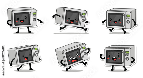 Cartoon microwave characters expressing different emotions and actions  