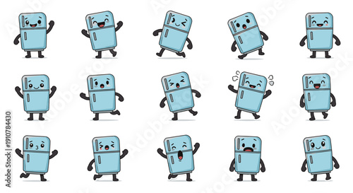 Cartoon refrigerator characters displaying various emotions and actions  