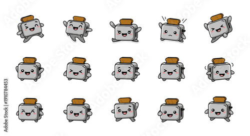 Cartoon toaster with various expressions and actions in animations  