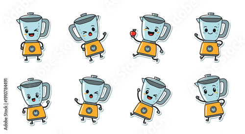 Cartoon blender characters expressing joy and excitement in various poses  