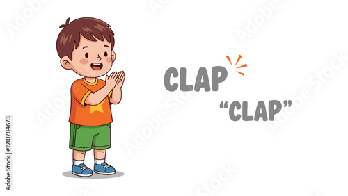Cute cartoon boy clapping hands with sound effect in bright playful illustration for kids education and fun activities