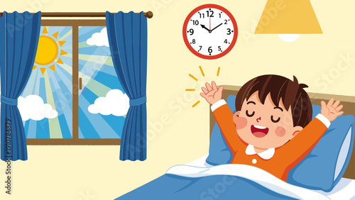 Happy child waking up refreshed in bright morning sunlight with alarm clock and cheerful bedroom view