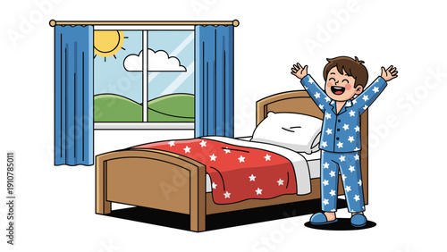 Happy child jumping on bed in cozy bedroom with morning sunlight and blue curtains