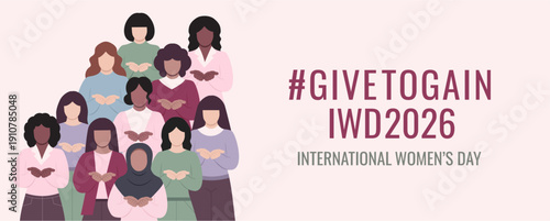 Vector banner illustration of diverse women standing together with open hands, symbolizing unity, generosity. #GiveToGain campaign.