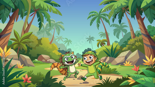 Vector illustration of children, masquerade, costumes, dinosaurs, lizards, palm trees, coconuts, vines, trees, grass, sand, stones, sky, mountains, joy, fun, children's, holiday, birthday, name day, v