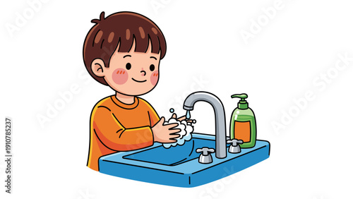 Cute child washing hands with soap at blue sink in bathroom hygiene education illustration