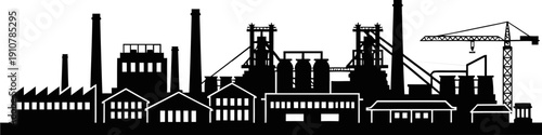 Industrial factory silhouette with smokestacks and construction crane  