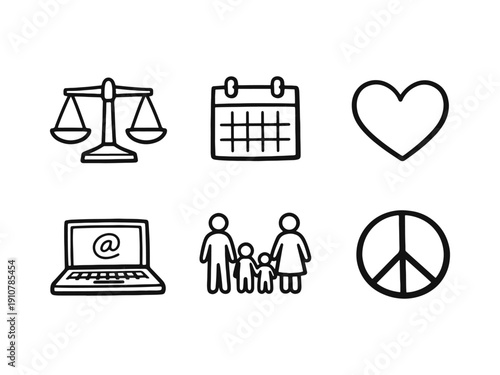 Societal values and personal connection icon set including justice, family, and peace