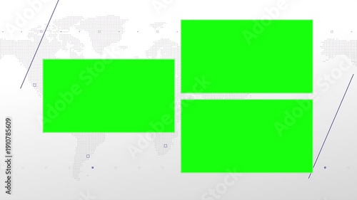 Three box split screen for news, interviews, live broadcast, tv shows, live streaming. Green chroma key cut, 4K loopable world map background with blue elements, simplicity and minimalism design.