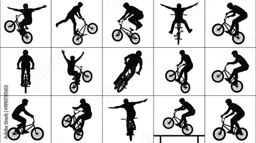 BMX riders, bicycle stunts, cycling silhouettes, extreme sports, freestyle biking, trick performance, action athletes, urban sport, stunt collection