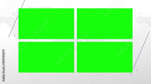 Four box split screen for news, interviews, live broadcast, tv shows, live streaming. Green chroma key cut, 4K loopable world map background with blue elements, simplicity and minimalism design.