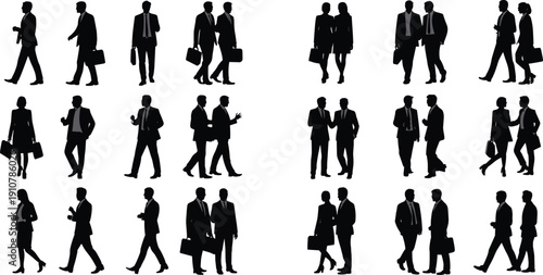 Business people silhouette collection, corporate men and women walking talking meeting poses set professional illustration bundle design