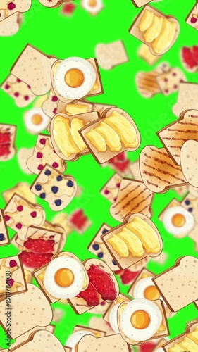 A colorful illustration of various breakfast foods on green