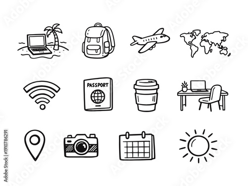 Doodle icons for travel, remote work, digital nomad lifestyle, and global exploration.