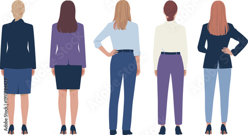 Business women rear view collection, professional female office workers standing poses set, corporate fashion illustration isolated design bundle