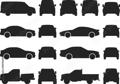 Car and truck silhouette collection, various vehicle transport icons set, side front view automobile illustration bundle design