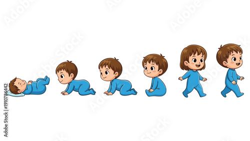 Baby growth stages development crawling walking cartoon illustration set isolated white background
