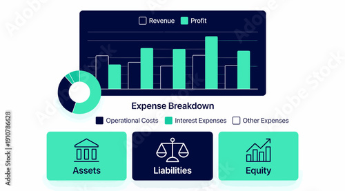 Financial Dashboard with Revenue Profit Expense Breakdown Assets Liabilities and Equity.