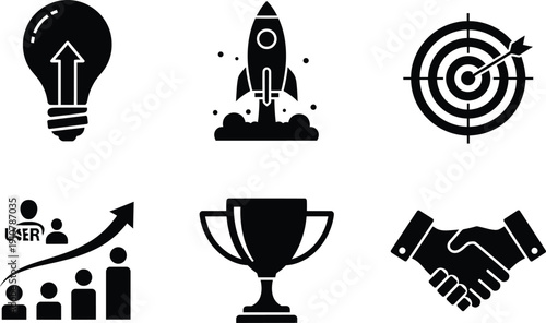 Black and white business success lightbulb business, success, black, white, lightbulb, rocket, target, handshake, trophy, graph, user, growth, achievement, motivation, inspiration, goals, strategy, te