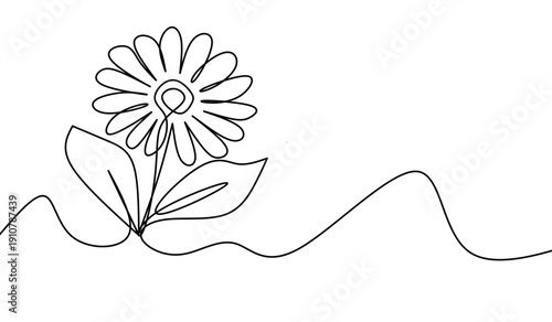 Continuous one line drawing of daisy flower illustration. Minimal chamomile floral in elegant single line art style. Black linear sketch vector icon symbol. Zinnia inspired botanical outline design.
