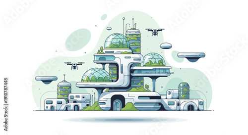 Futuristic cityscape with sustainable architecture and flying vehicles