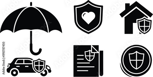 Black and white of protection and insurance symbols protection, insurance, shield, umbrella, heart, house, car, document, black and white, symbols, safety, security, protection insurance symbols, blac
