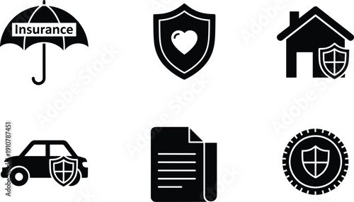 Black and white of insurance related symbols umbrella insurance, umbrella, shield, heart, house, car, document, gear, protection, security, symbols, black and white, black, white, related, depicting, 