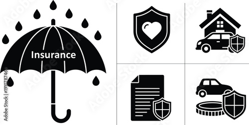 Black and white of insurance and protection symbols insurance, umbrella, shield, heart, house, car, coins, document, protection, safety, security, black and white, symbols, finance, risk management, c