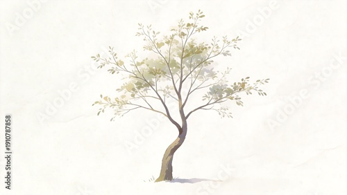 Single tree with curved trunk and green leaves