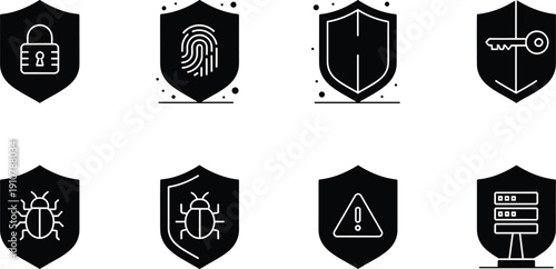 Black shield with white security symbols protection shield, security, protection, black, white, padlock, fingerprint, bug, server, warning, key, symbols, eight, outlines, background, featuring, differ