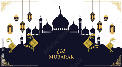 Eid Mubarak greeting card with mosque silhouette and hanging lanterns on white background with gold accents.