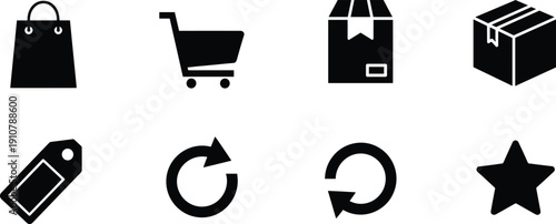 Black shopping on white background shopping bag shopping cart shopping bag, shopping cart, package, box, tag, refresh, recycle, star, e-commerce, symbols, black and white, web, retail, commerce, excha