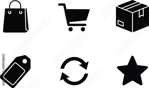 Black of shopping bag cart box tag recycle symbol star shopping bag, cart, box, tag, recycle symbol, star, black e-commerce, shopping, retail, symbols, black and white, simple minimalistic, set, black