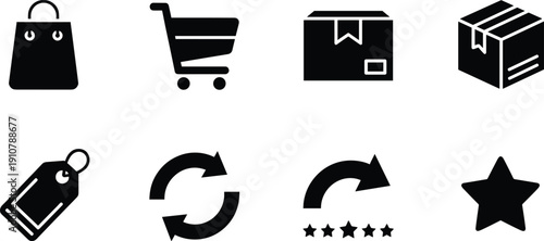 Black for shopping and delivery shopping bag shopping cart shopping bag, shopping cart, package, boxes, tag, arrows, star, rating, delivery, e-commerce, black, white background, shopping, cart, white,