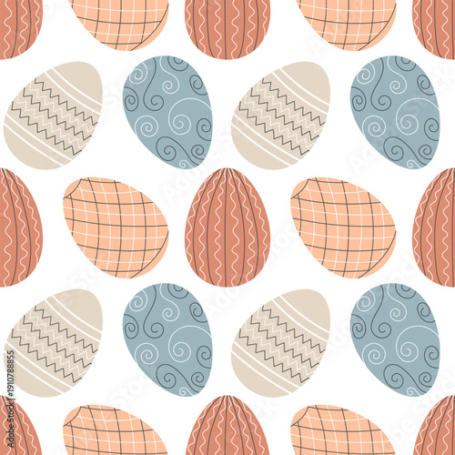 Seamless Easter pattern with colorful decorated eggs in geometric scandi style on white background. Vector illustration.