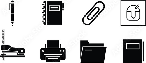 Black and white office supplies notebook paperclip office supplies, black and white, pen, notebook, paperclip, stapler, printer, folder, computer mouse, symbols, business, stationery, tools, black, wh