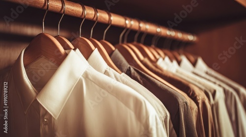 Organized shirts hang neatly on wooden hangers in a wardrobe, showcasing a variety of cream and brown tones.