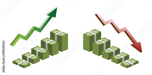 Isometric illustration of money stacks with rising green and falling red arrows, symbolizing financial profit and loss