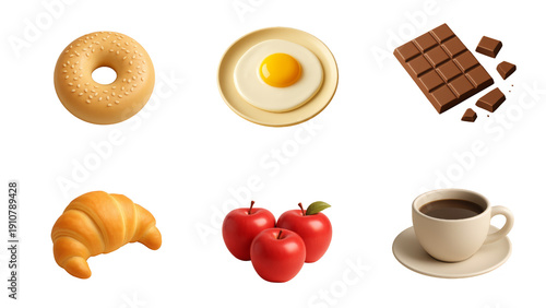 3D Breakfast and Bakery Icon Set – Bagel, Fried Egg, Chocolate Bar, Croissant, Apples and Coffee Cup Isolated
