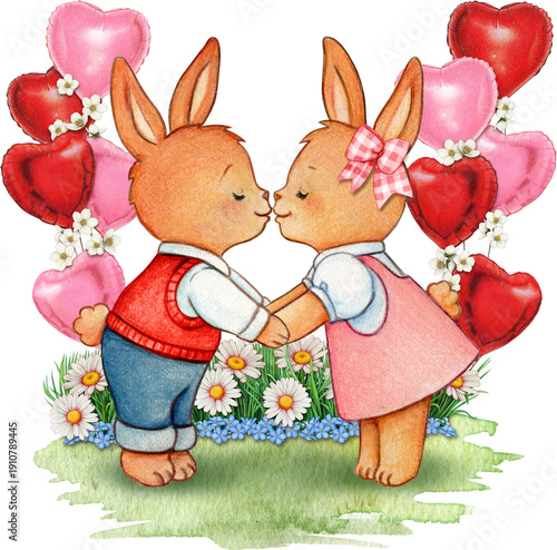 Wallpaper Mural Watercolor hand drawn valentine's day cute bunny character Torontodigital.ca