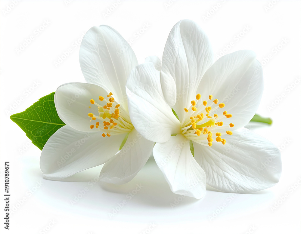 Obraz premium This stunning macro photograph features a fresh white jasmine flower with pure petals and a bright yellow center. Complemented by two vibrant green leaves, the soft lighting highlights its delicate te