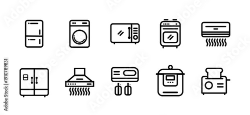 Home Appliance Line Icon Set Refrigerator, Washer, Oven, AC Collection