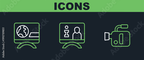 Set line Cinema camera Breaking news and Television report icon. Vector.